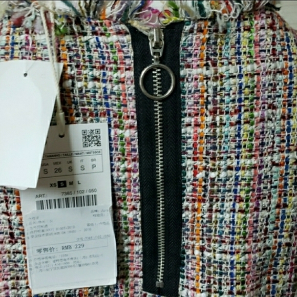 ZARA Trafaluc NWT small multicolor tweed fringe crew neck tshirt w zipper - Picture 10 of 12